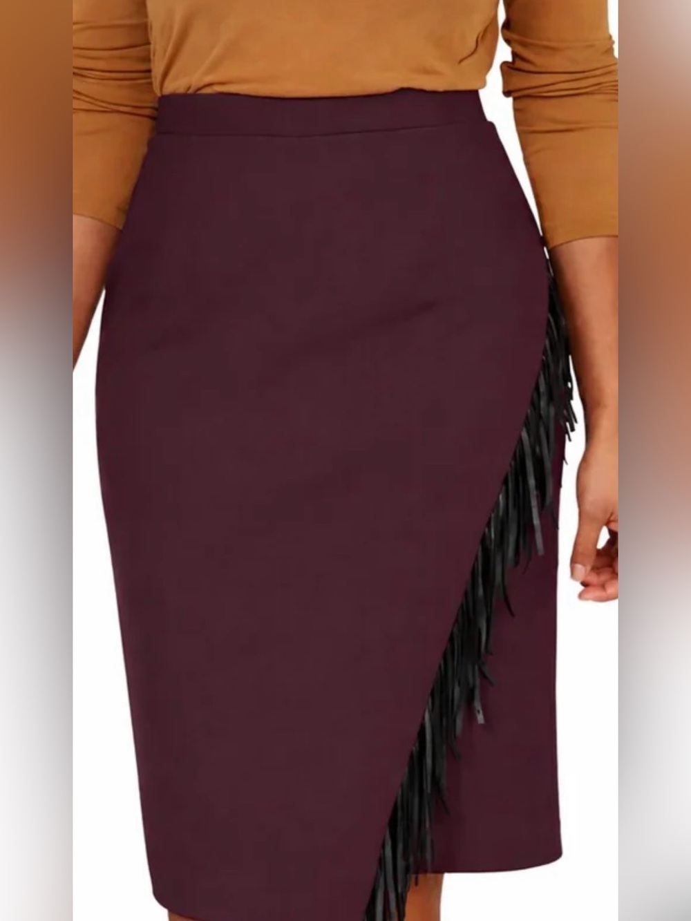 Coleen Lopez Asymmetrical Leather Fringe Trim Midi Skirt Size Small New